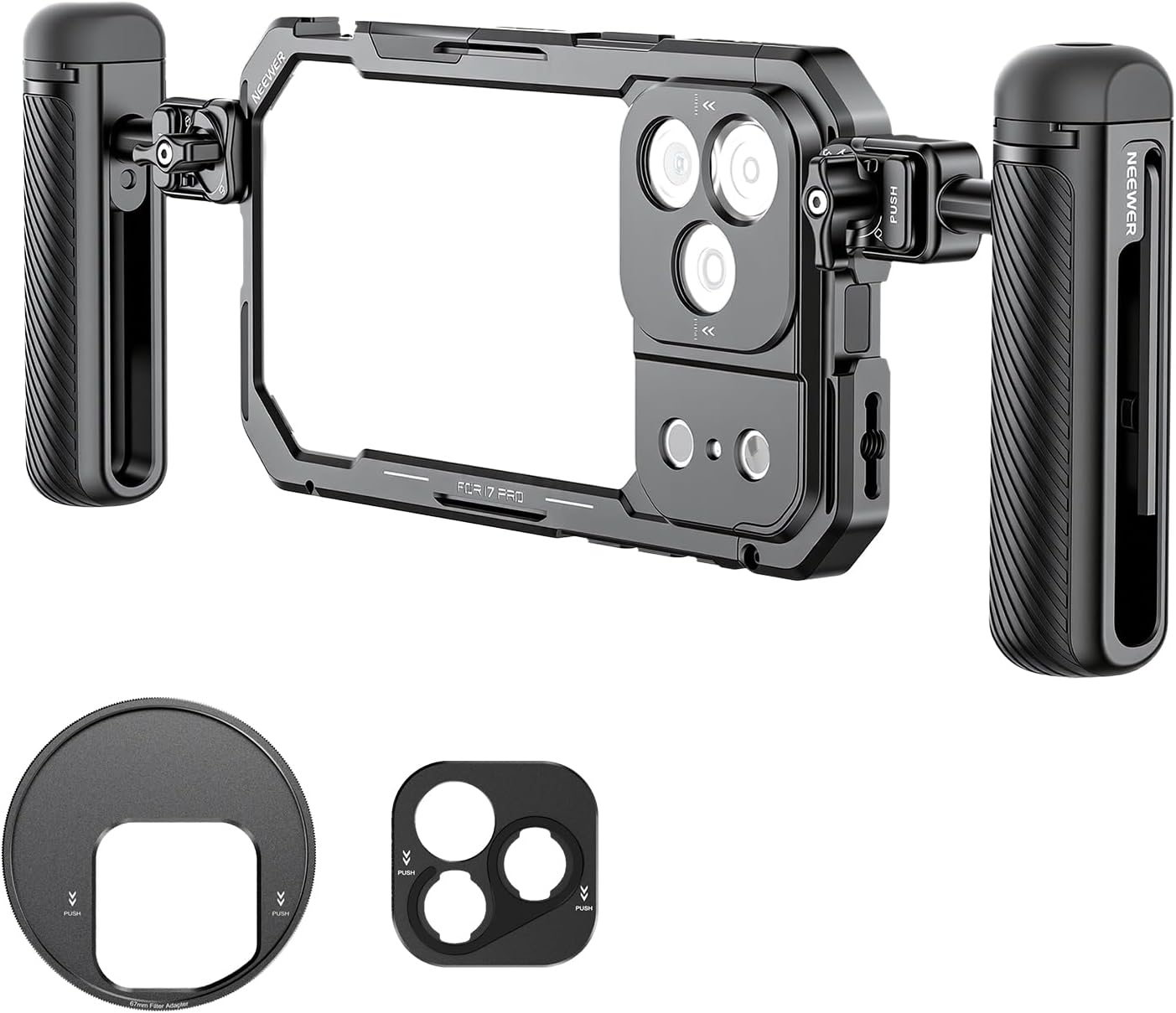 NEEWER Kit de Cage pour Téléphone Vidéo Uniquement Compatible avec iPhone 17 Pro,avec Bague de Filtre de 67mm,Plaque Arrière d'Objectif de 17mm,Adaptateur de Monture T, 2 Poignées,PA143(Noir)