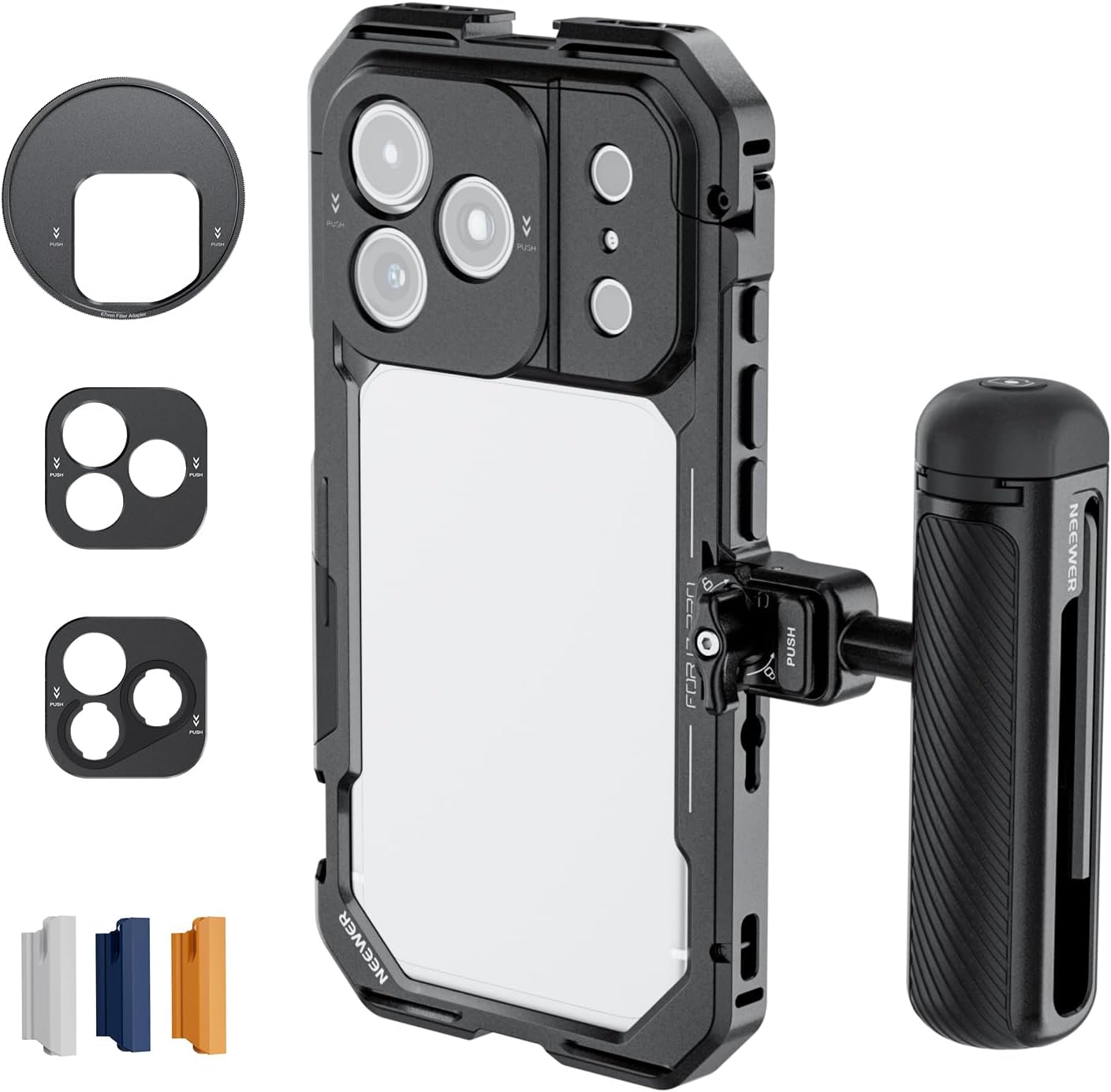 NEEWER Kit de Cage pour Téléphone Vidéo Uniquement Compatible avec iPhone 17 Pro,avec Bague de Filtre de 67mm,Plaque Arrière d'Objectif de 17mm et monture T,Poignée Bluetooth, PA143 (Noir)
