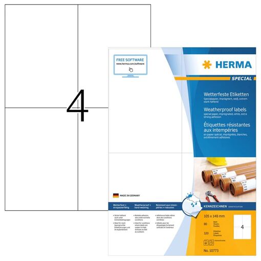 Etiquetas HERMA resistentes al clima, papel especial, 105 x 148 mm, blanco, impregnado, autoadhesivo - 1 unidad (10773)