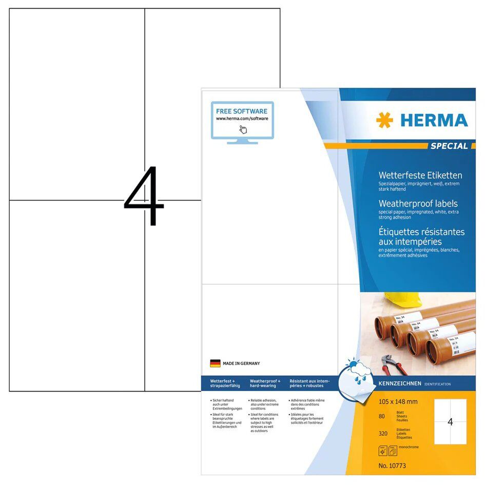 Étiquettes HERMA résistantes aux intempéries, en papier spécial, 105 x 148 mm, blanc, imprégné, auto-adhésives - 1 pièce (10773)