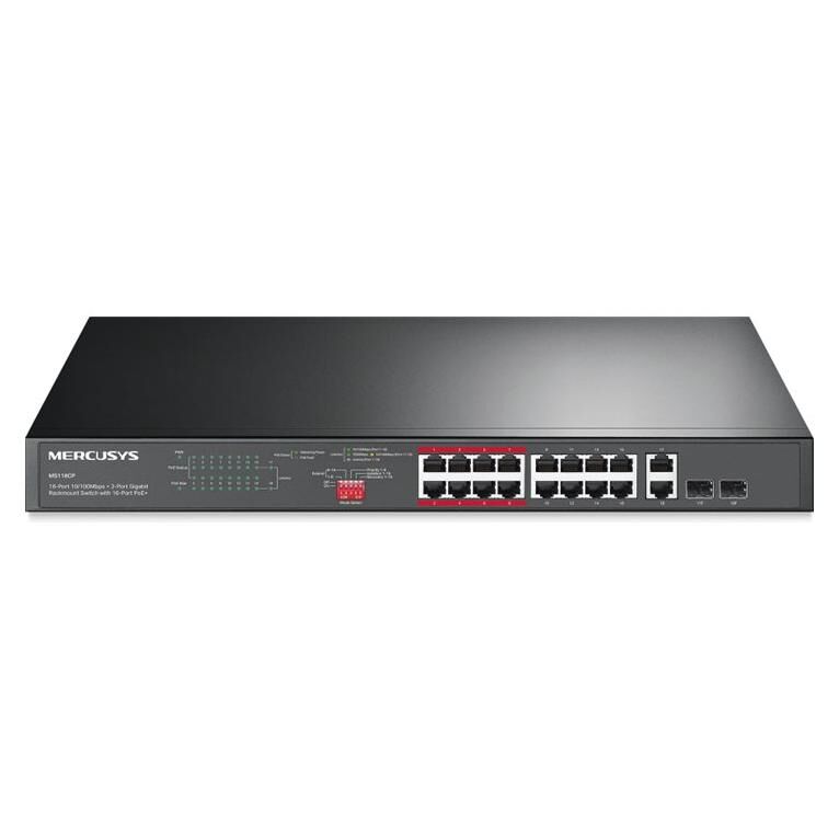 Mercusys MS118CP V1 - Commutateur - 16 x 10/100 (PoE+) + 2 x 10/100/1000 + 2 x 10/100/1000 - de bureau, Montable sur rack - PoE+ (190 W)