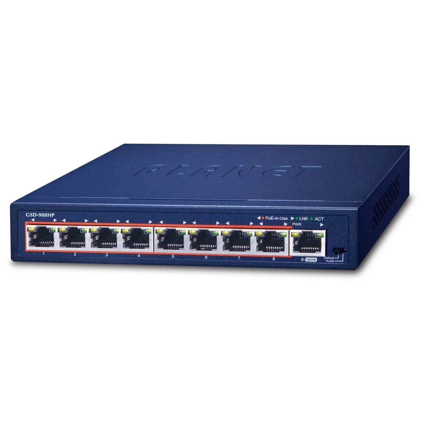 Commutateur PLANET GSD-908HP - Bureau - 8 ports Gigabit Ethernet, 1 port PoE+ 120W