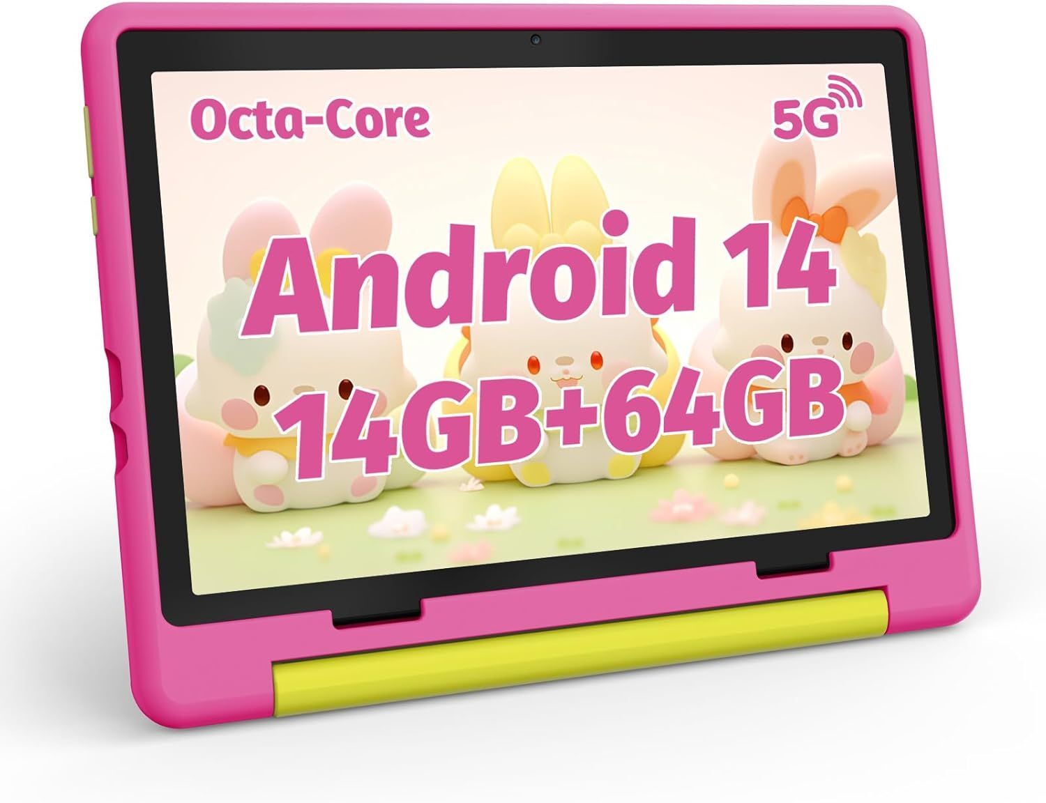 Tablette enfant 10 pouces Android 14 avec 14 Go + 64 Go + 1 To TF, Écran HD 1280x800, 5000 mAh, Double Caméra avec Kid-Proof Etui (Rose)