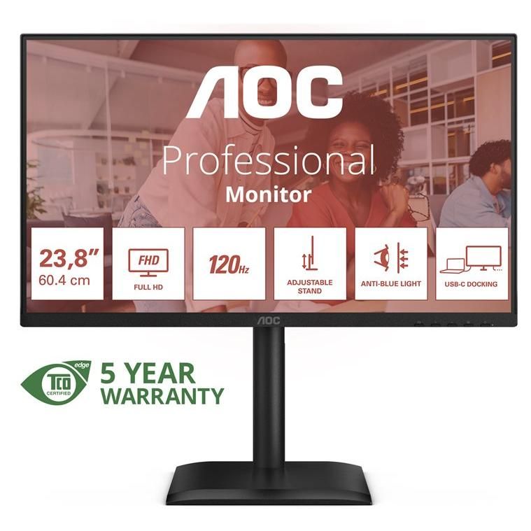 AOC 24E4CV - Écran LED - 24" (23.8" visualisable) - 1920 x 1080 Full HD (1080p) @ 120 Hz - IPS - 300 cd/m² - 1500:1 - 4 ms - HDMI, DisplayPort, USB-C - haut-parleurs - noir