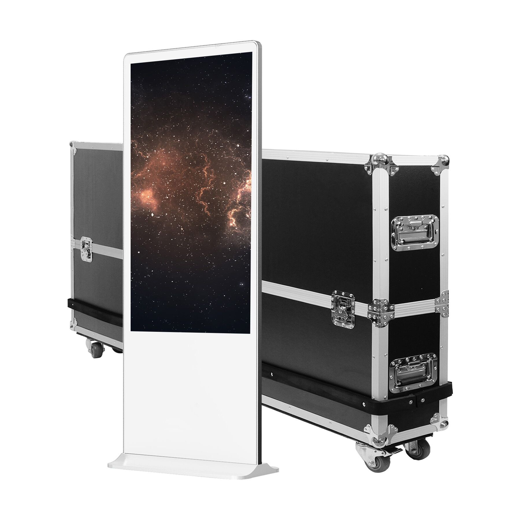 Totem vidéo 43'', FULL HD, 500 cd, 24h/7j, Indoor, Blanc + Flightcase