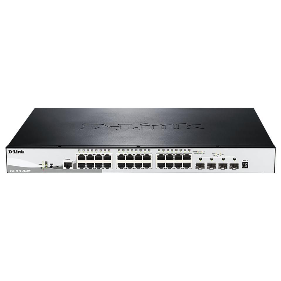 D-Link DGS 1510-28XMP - Conmutador - C3 inteligente - 24x10/100/1000 (PoE+) + 4x10 Gigabit SFP+ - De escritorio, montable en rack - PoE+ (370W)