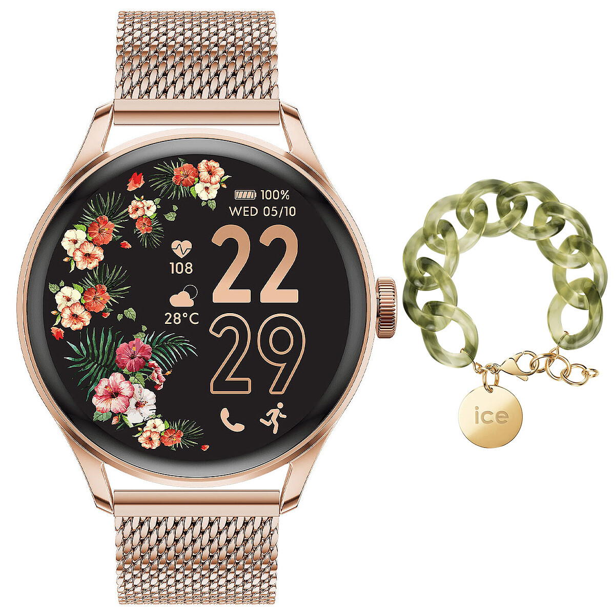 Ice Watch Ice Smart 2.0 - 1,20 Pulgadas Oro Rosa/Brazalete Milán + Brazalete Cadena Opalina Verde