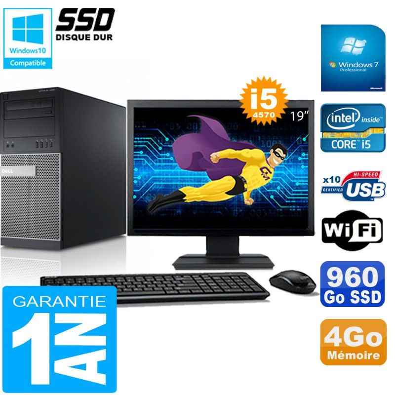 PC Tour DELL 9020 Core I5-4570 Ram 4Go Disque 960 Go SSD Wifi W7 Ecran 19