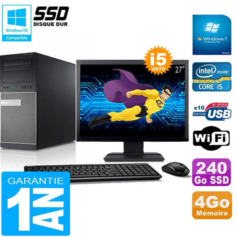 PC Tour DELL 9020 Core I5-4570 Ram 4Go Disque 240 Go SSD Wifi W7 Ecran 27