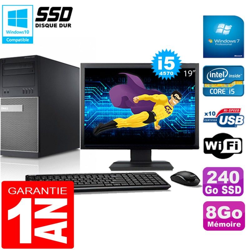 PC Tour DELL 9020 Core I5-4570 Ram 8Go Disque 240 Go SSD Wifi W7 Ecran 19
