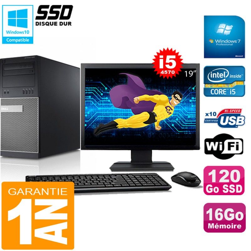PC Tour DELL 9020 Core I5-4570 Ram 16Go Disque 120 Go SSD Wifi W7 Ecran 19