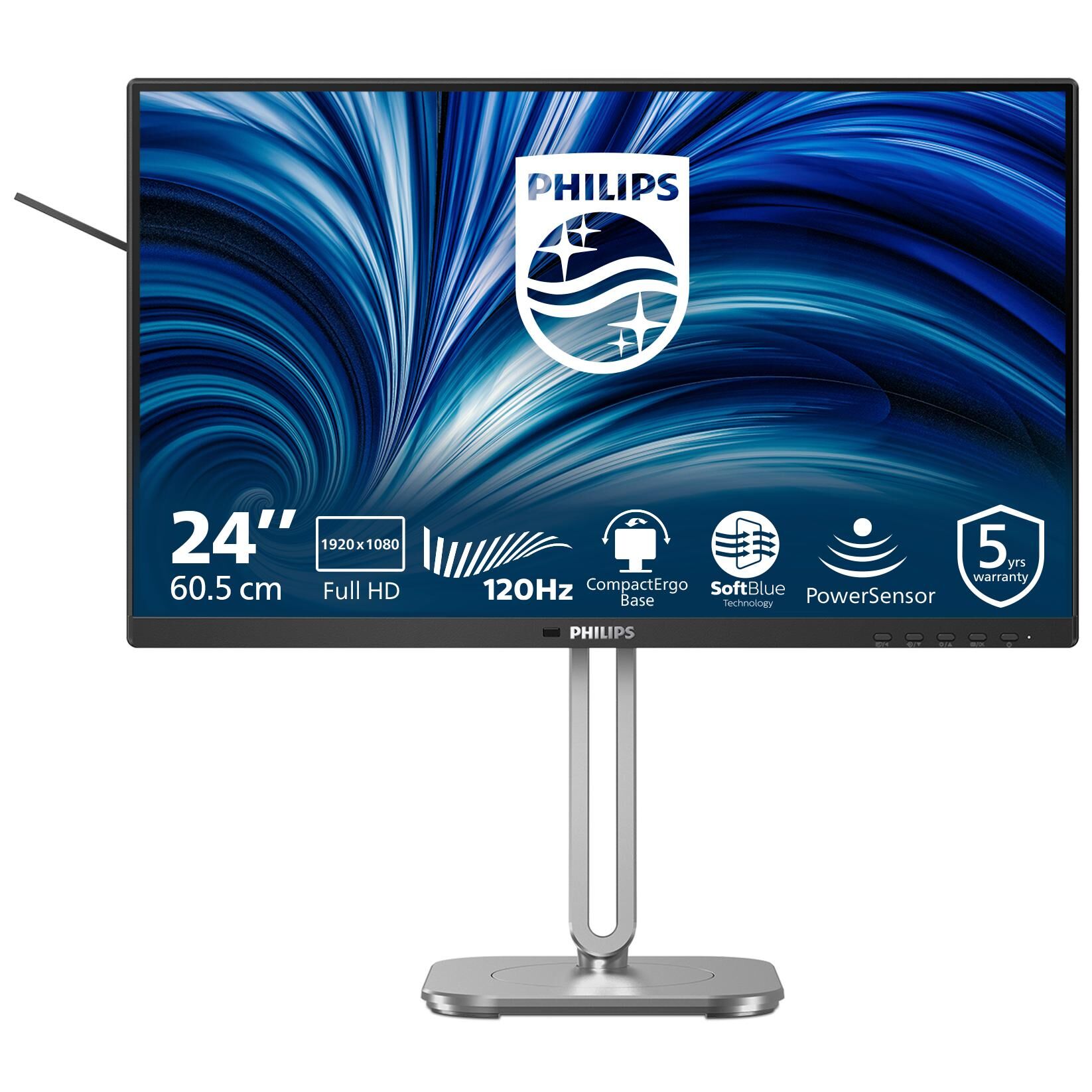 Philips 24B2N4200 - 4000 Series LED Monitor - 24" (23.8" Visualable) - Full HD 1080p @ 120Hz - IPS - 300 cd/m² - 4ms Response Time - HDMI, VGA, DisplayPort - Speakers - Silver, Charcoal