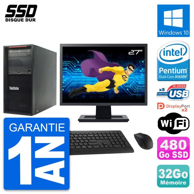 PC Tour Lenovo P300 Ecran 27" Intel G3220 RAM 32Go SSD 480Go Windows 10 Wifi