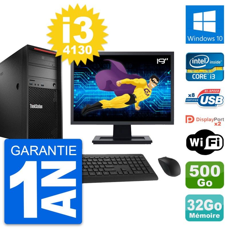 PC Tour Lenovo P300 Ecran 19" Core i3-4130 RAM 32Go Disque 500Go Windows 10 Wifi