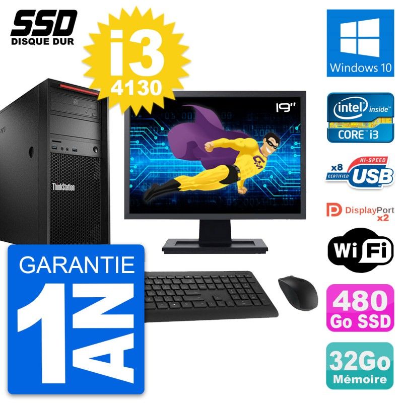 PC Tour Lenovo P300 Ecran 19" Intel i3-4130 RAM 32Go SSD 480Go Windows 10 Wifi