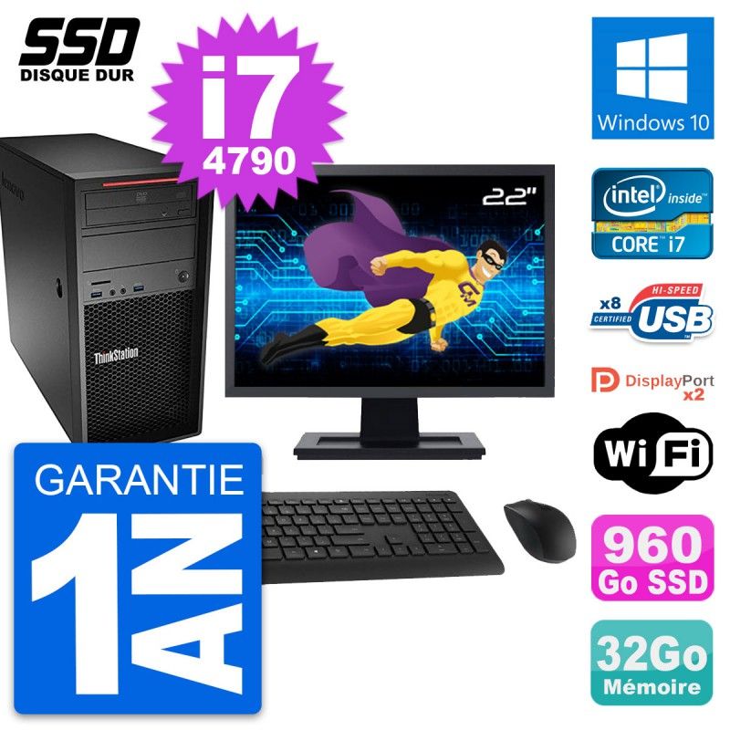 PC Tour Lenovo P300 Ecran 22" Intel i7-4790 RAM 32Go SSD 960Go Windows 10 Wifi