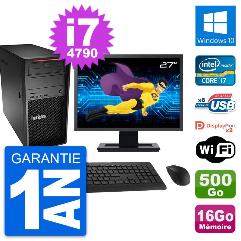 PC Tour Lenovo P300 Ecran 27" Core i7-4790 RAM 16Go Disque 500Go Windows 10 Wifi