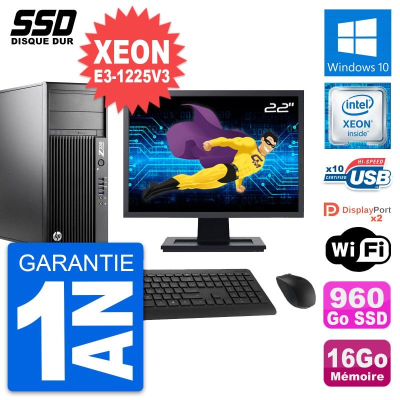 PC Tour HP Z230 Ecran 22" Intel E3-1225 V3 RAM 16Go SSD 960Go Windows 10 Wifi