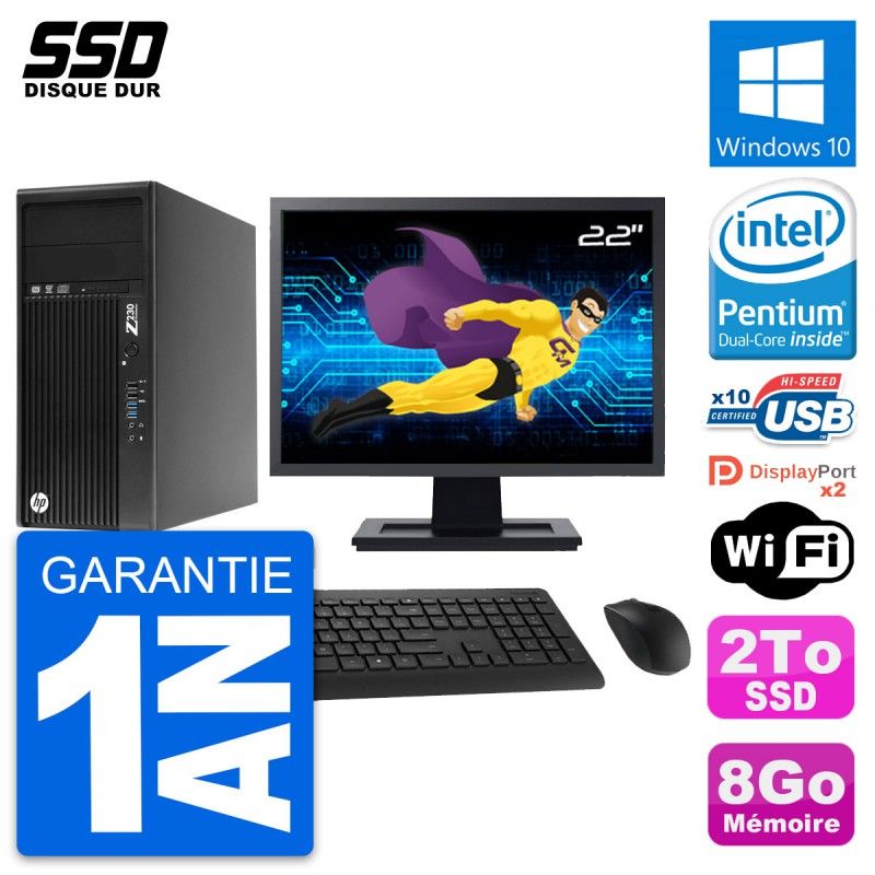 Station de travail HP Z230 - Écran 22 pouces, Processeur Intel Pentium G3220, 8 Go de RAM, 2 To SSD, Windows 10, WiFi