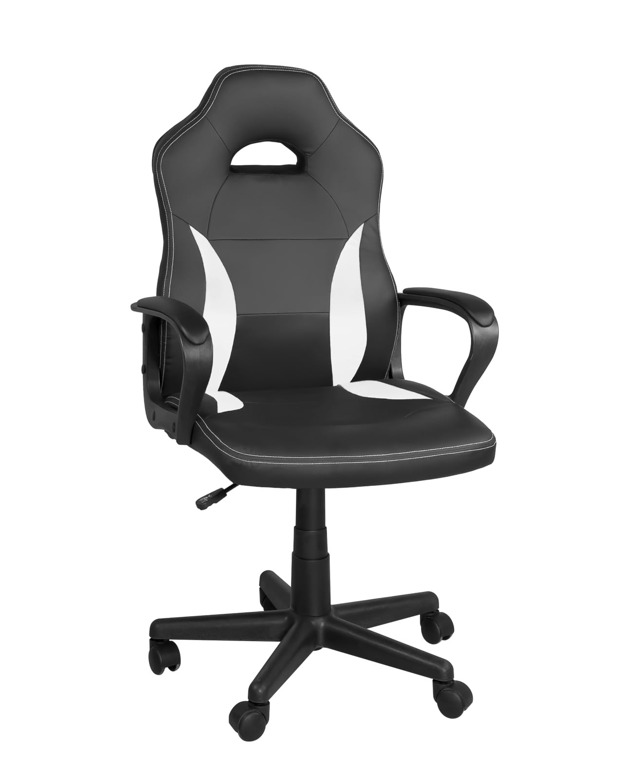 Fauteuil de jeu pour adolescents, hauteur réglable, similicuir bicolore, pivotant 360°, accoudoirs rembourrés, roulettes WAN (Noir blanc)