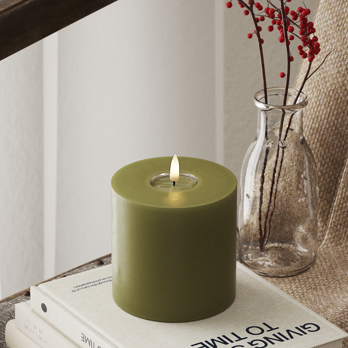 LED Pillar Candle - Olive Green (Ø 10 x 10 cm)