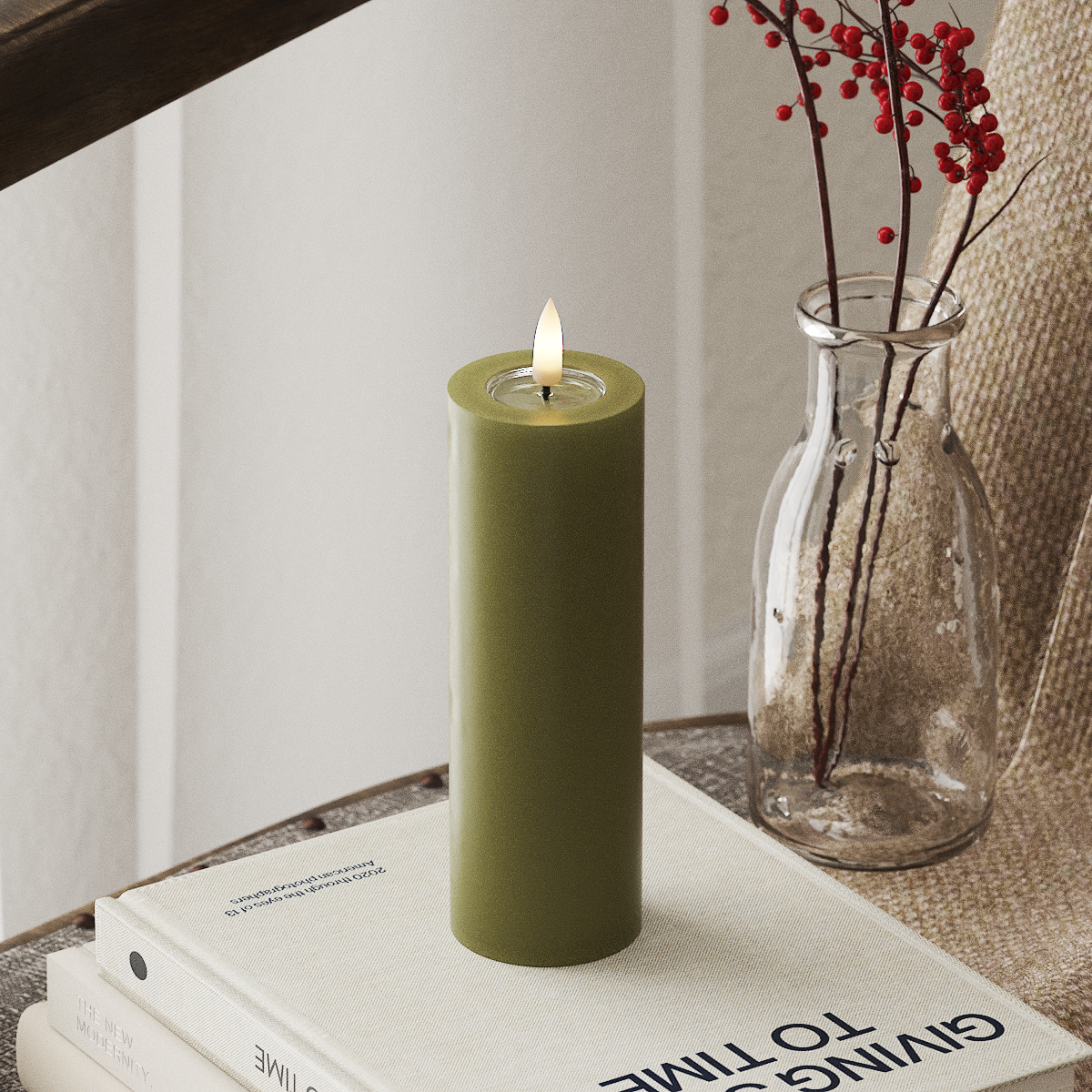 LED Pillar Candle - Olive Green (5 x 15 cm)