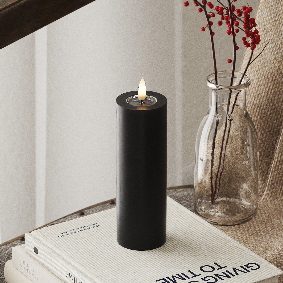 Deluxe Homeart Real Flame LED Pillar Candle - Black