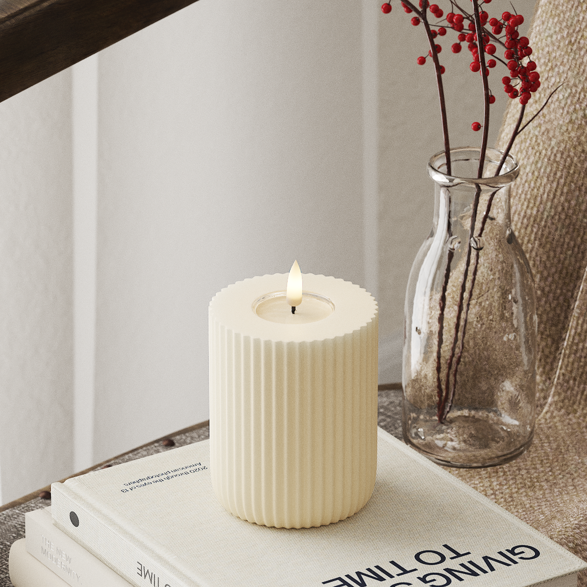 Deluxe Homeart Solid Stripe LED Pillar Candle, 8x10 cm, Cream