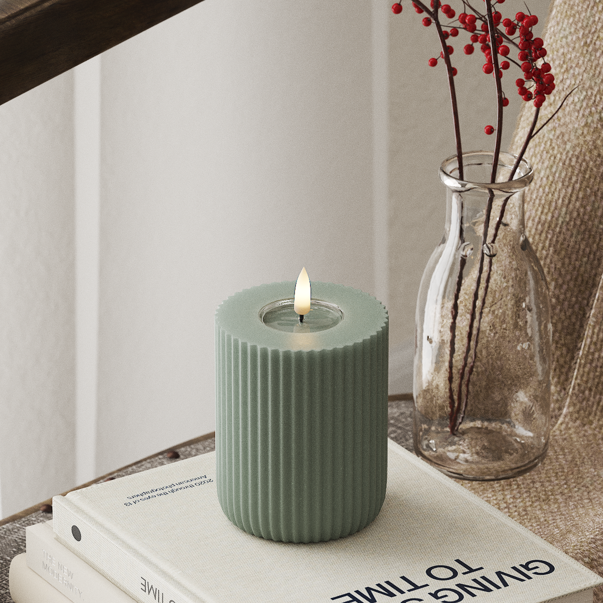 Deluxe Homeart Solid Stripe LED Pillar Candle - 8x10 cm Sage Green