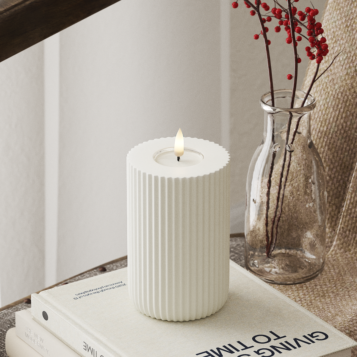 Deluxe Homeart Solid Stripe LED Pillar Candle - White, 8 x 12.5 cm
