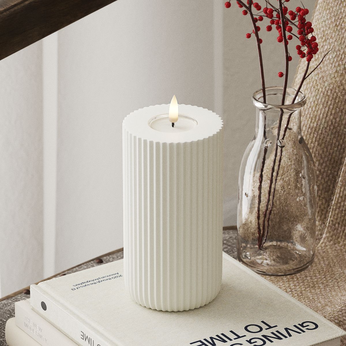 Bougie pilier LED rayée solide Deluxe Homeart - Blanc 8 x 15 cm