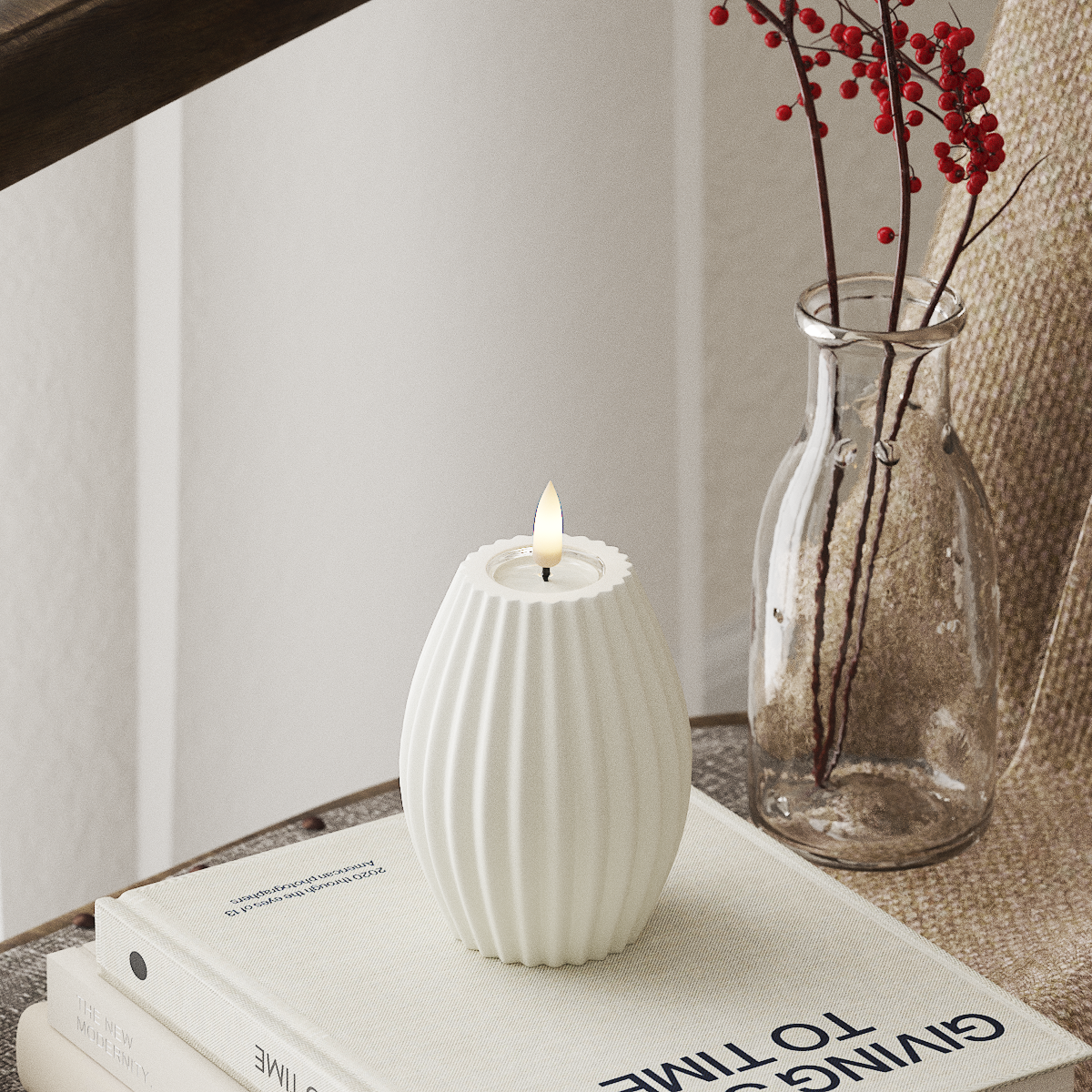 Deluxe Homeart LED Ribbed Candle - 7.5cm D x 10cm H, White