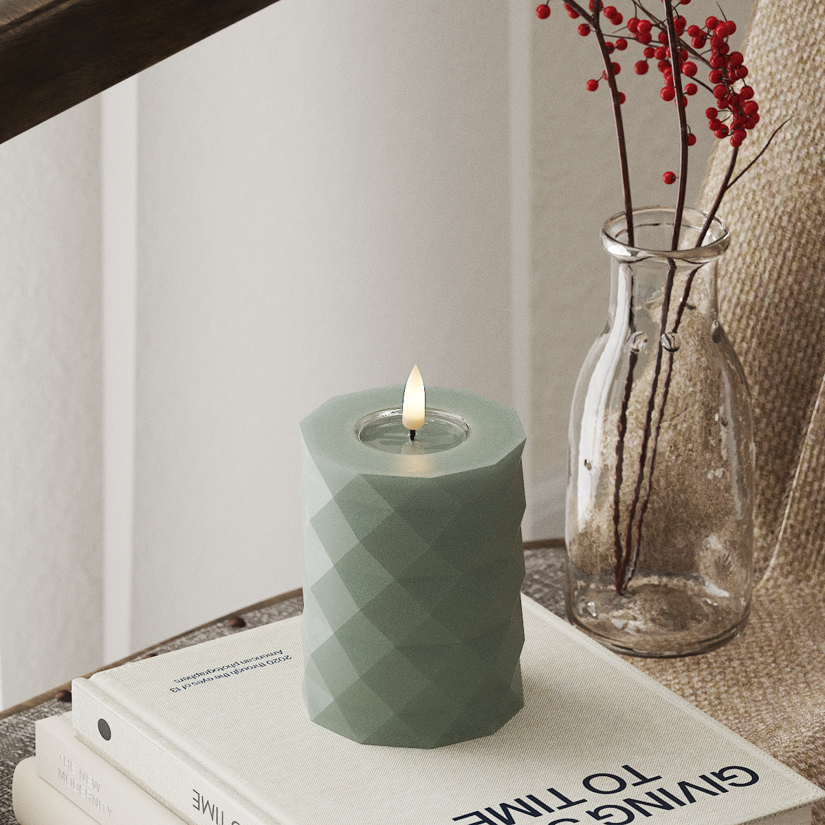 Deluxe Homeart Square LED Candle Pillar 7.5x10 cm Sage Green
