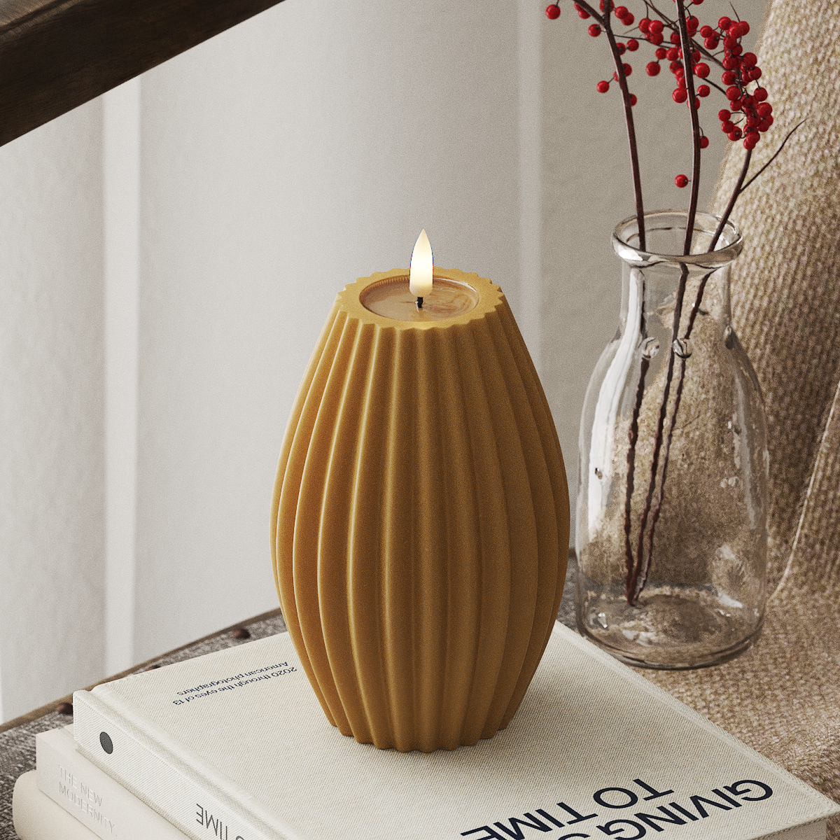 Luxury Home LED Candles - Grooved Design, 10cm Diameter x 15cm Height, Curry