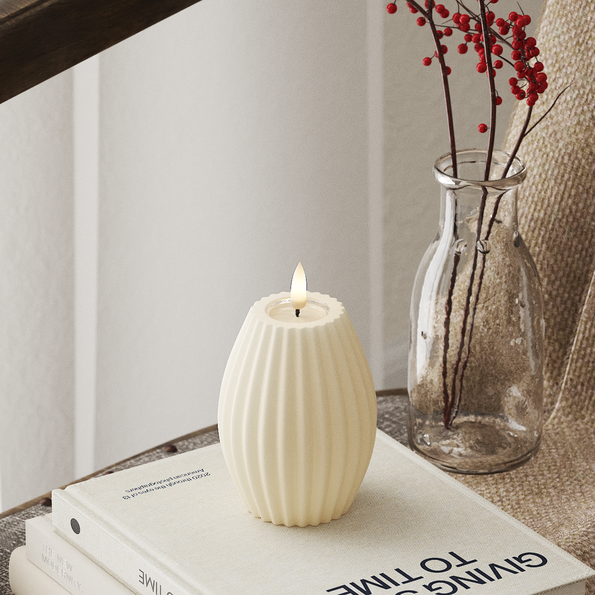 Deluxe Homeart LED Ribbed Candle - 7.5cm D x 10cm H, Cream