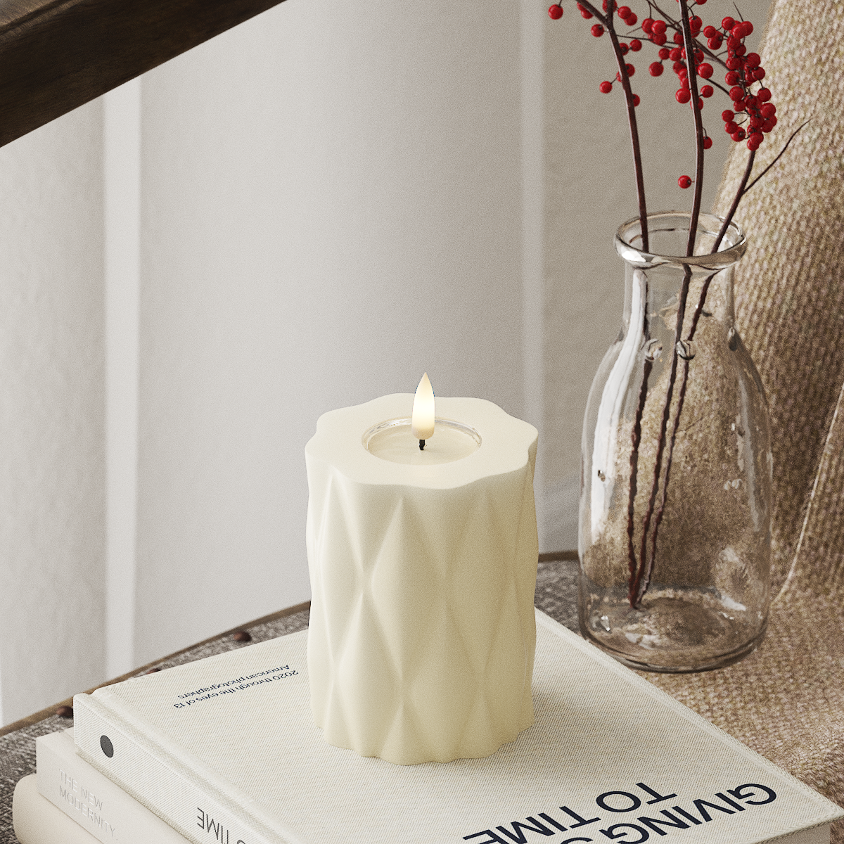 Deluxe Homeart LED Harlequin Pillar Candle - 7.5 x 10 cm, Cream