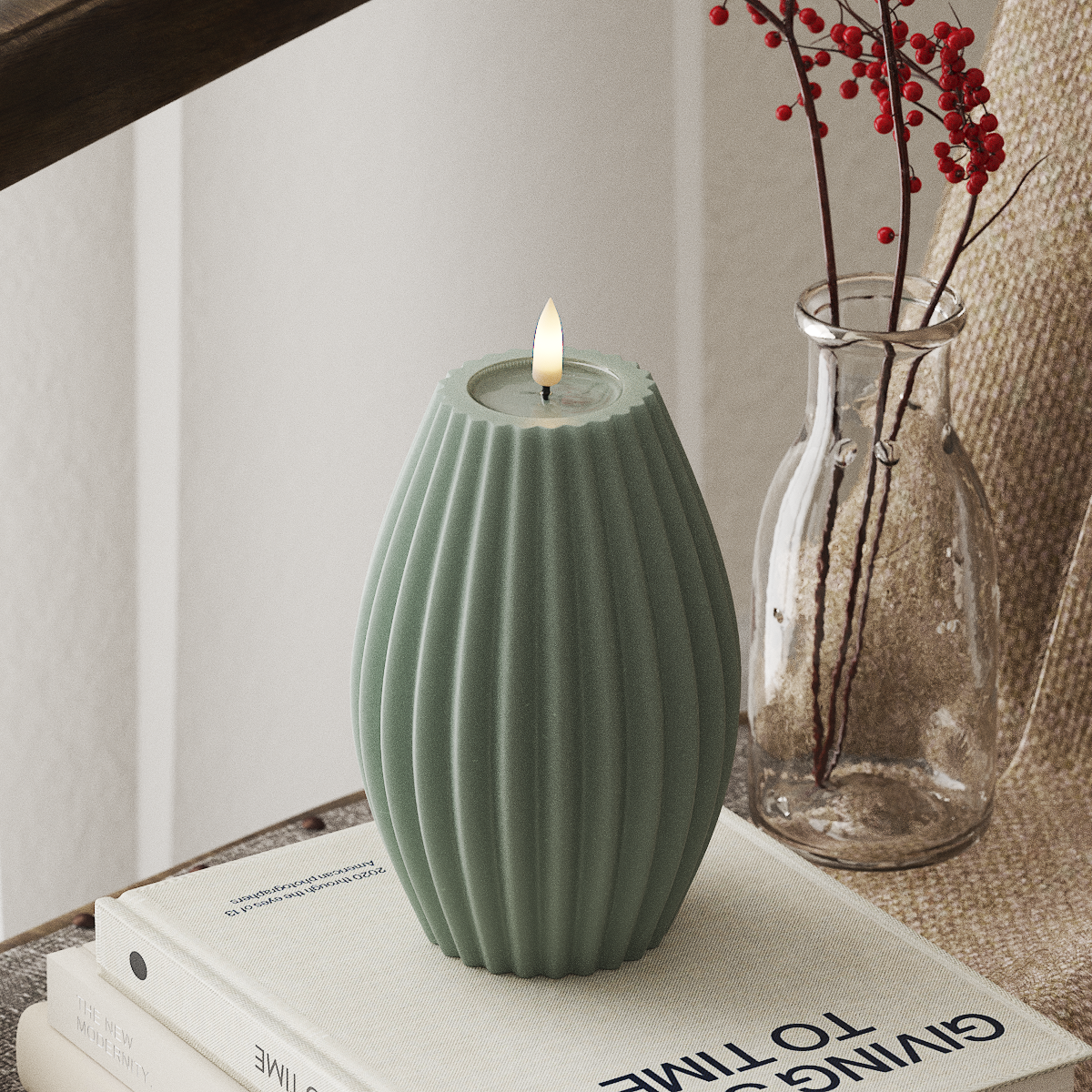 Deluxe Homeart LED Ribbed Candle - Sage Green (10cm D x 15cm H)