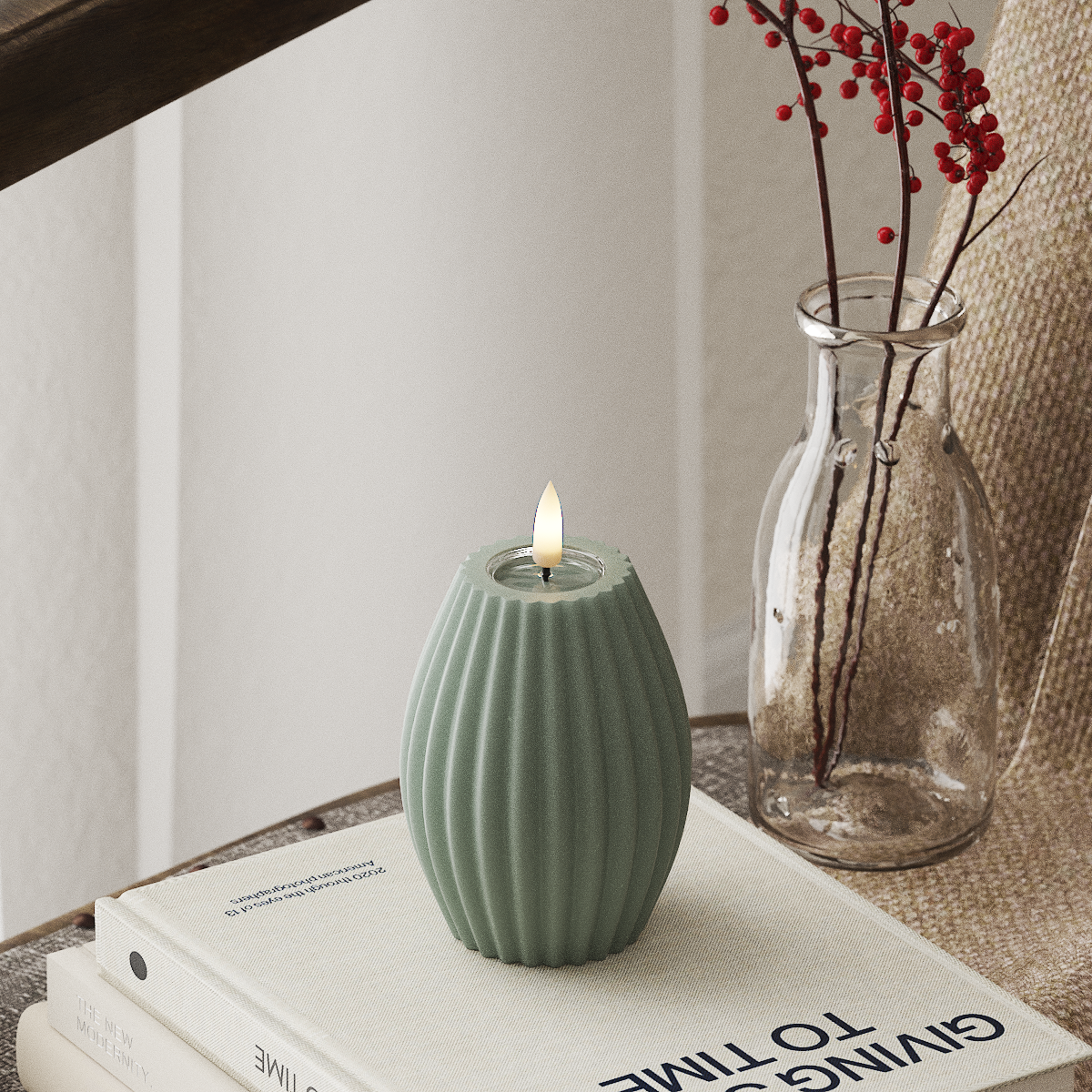 Deluxe Homeart LED Ribbed Candle - 7.5cm D x 10cm H Sage Green