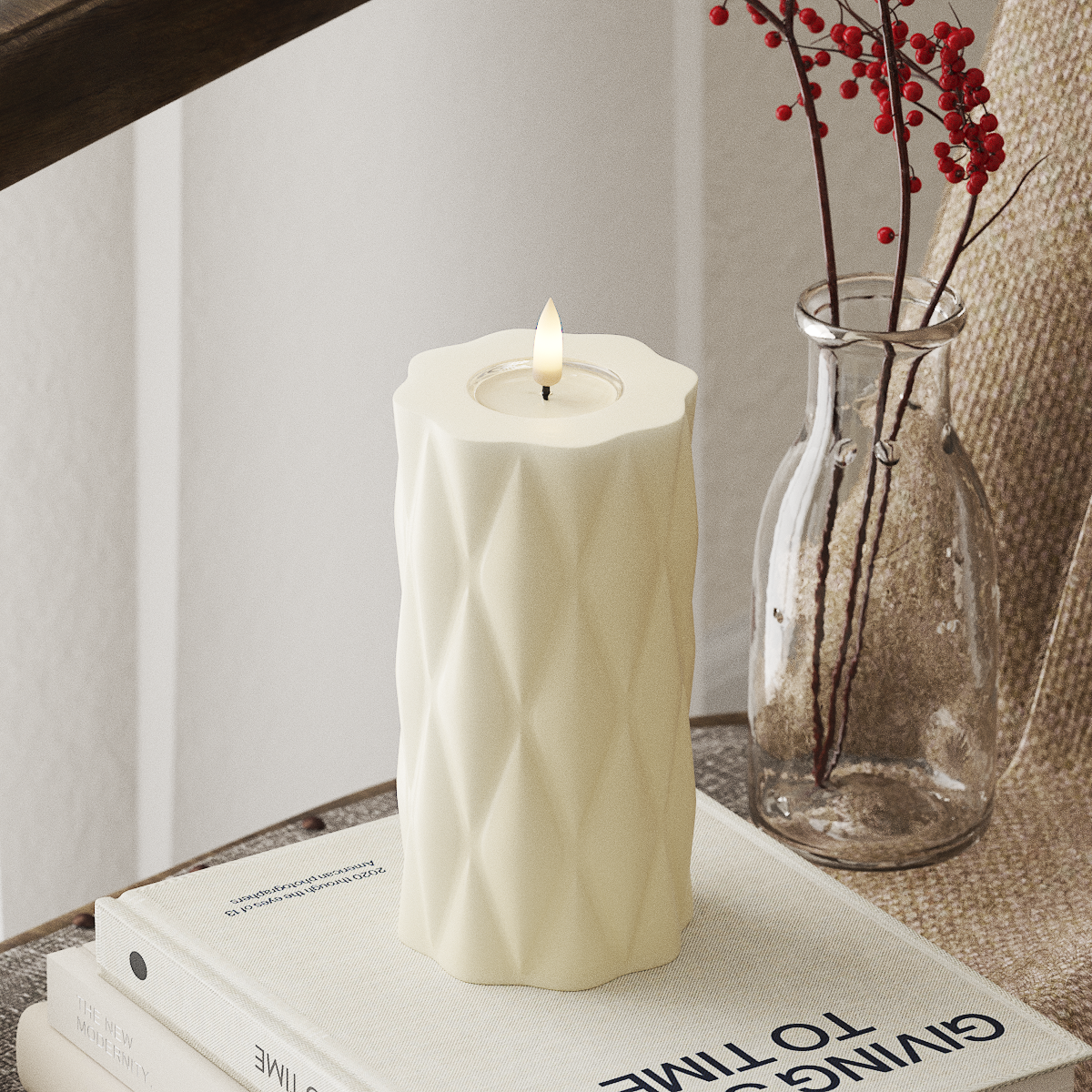 Deluxe Homeart LED Harlequin Pillar Candle, 7.5 x 15 cm, Cream