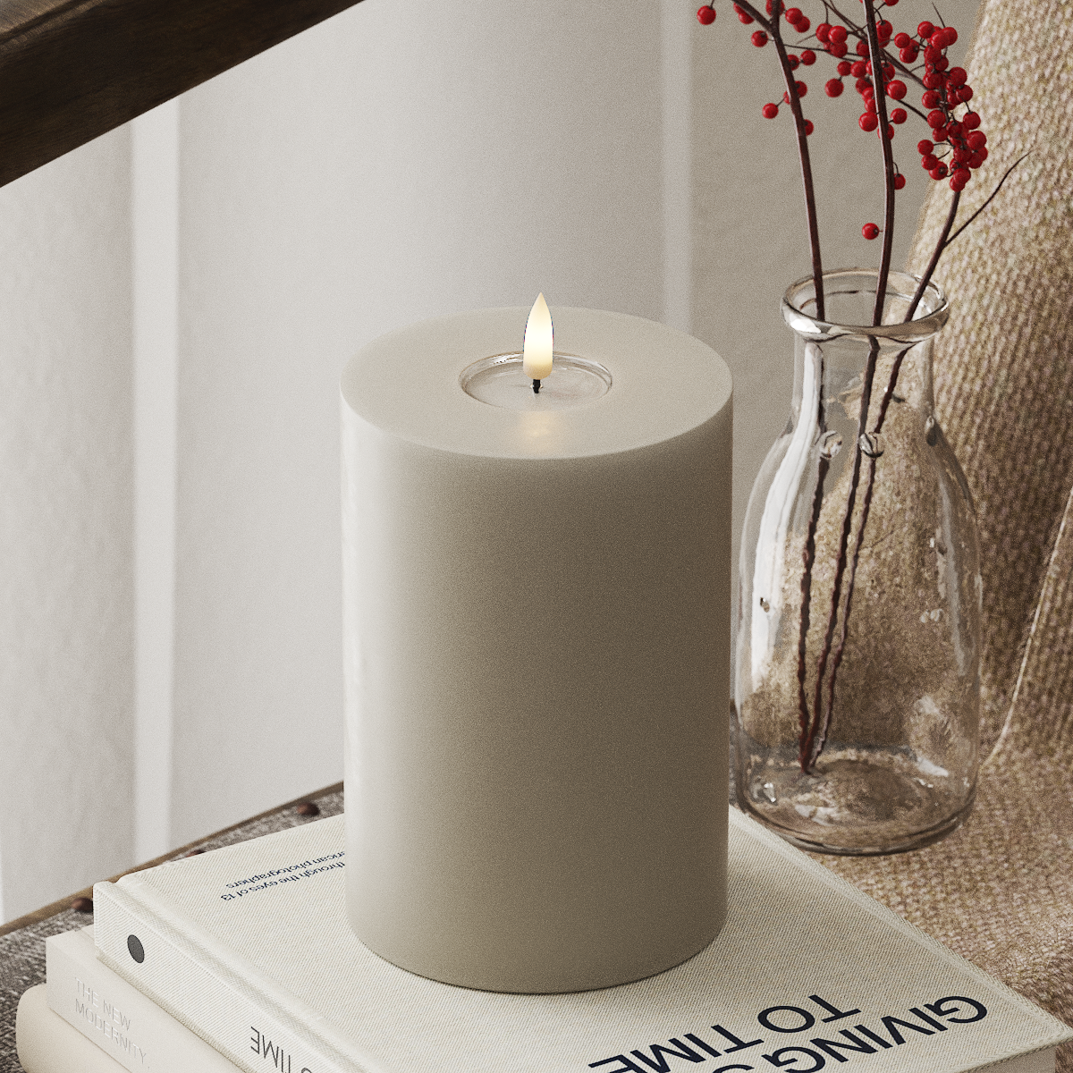 Deluxe Homeart Real Flame LED Pillar Candle, 10x15cm Sable