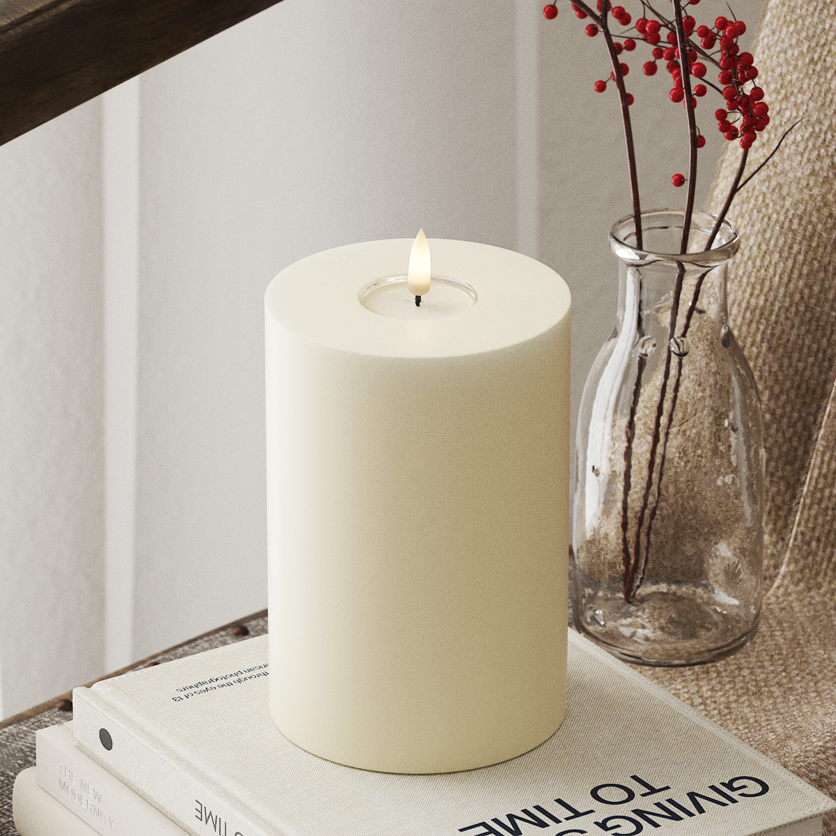 Bougie pilier à flamme réelle Deluxe Homeart - 10 cm x 15 cm Crème