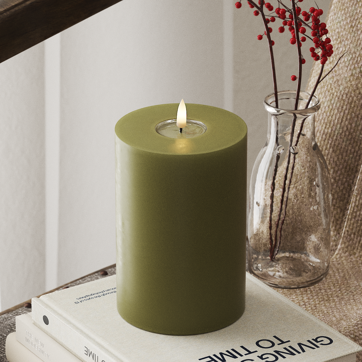LED Pillar Candle - 10 x 15 cm Green Olive