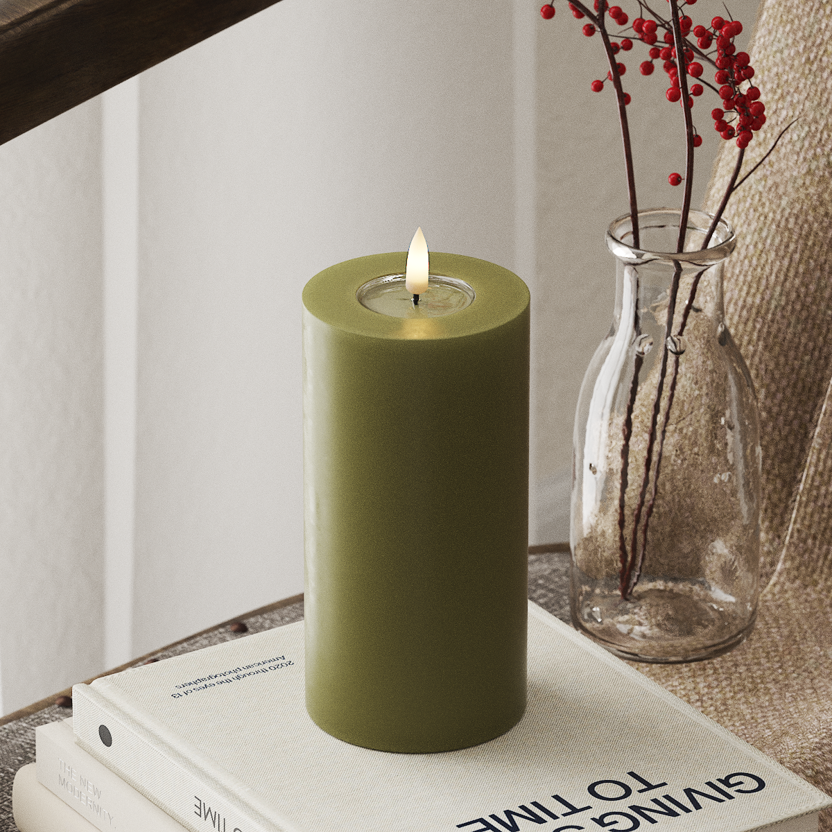 LED Pillar Candle - Olive Green (7.5x15 cm)
