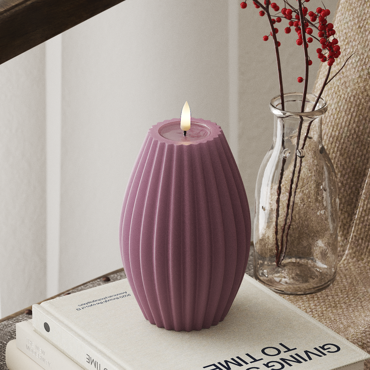 Deluxe Homeart LED Ribbed Candle - 10cm D x 15cm H, Violet Clear