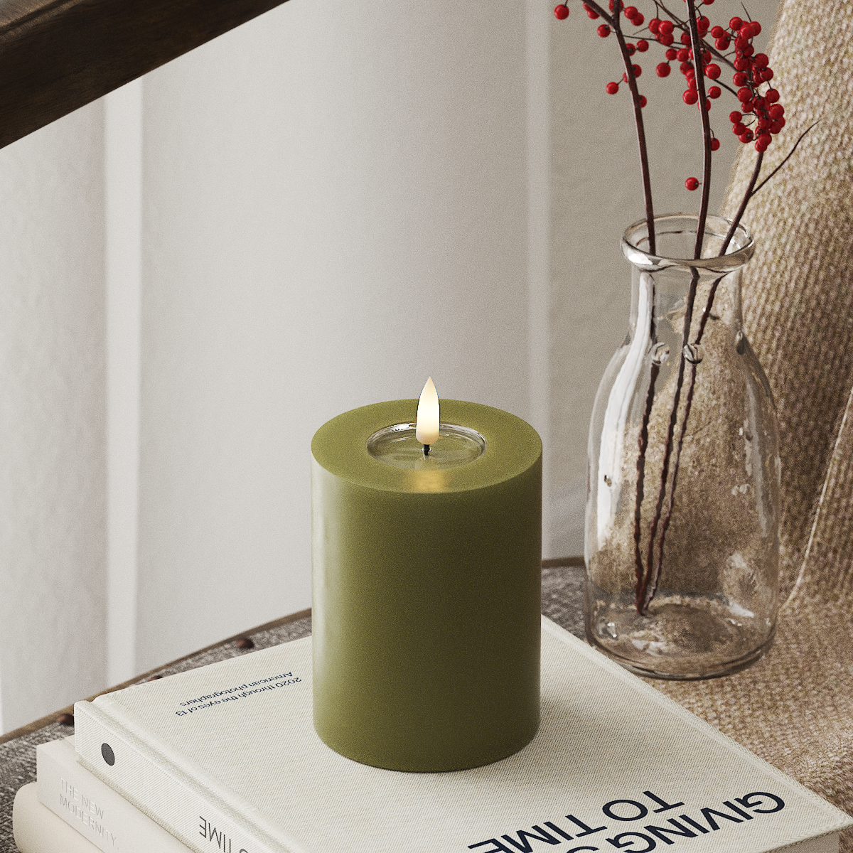 LED Pillar Candle - 7.5 x 10 cm Green Olive