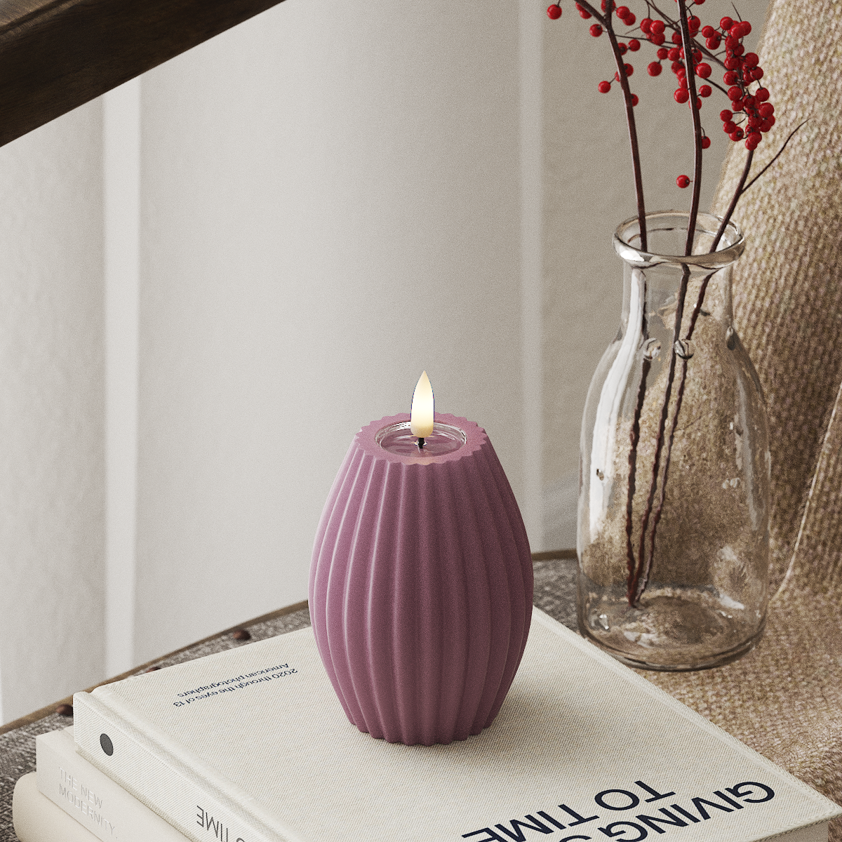 Bougie LED Deluxe Homeart rainurée - D 7,5 cm x H 10 cm, Violet Clair