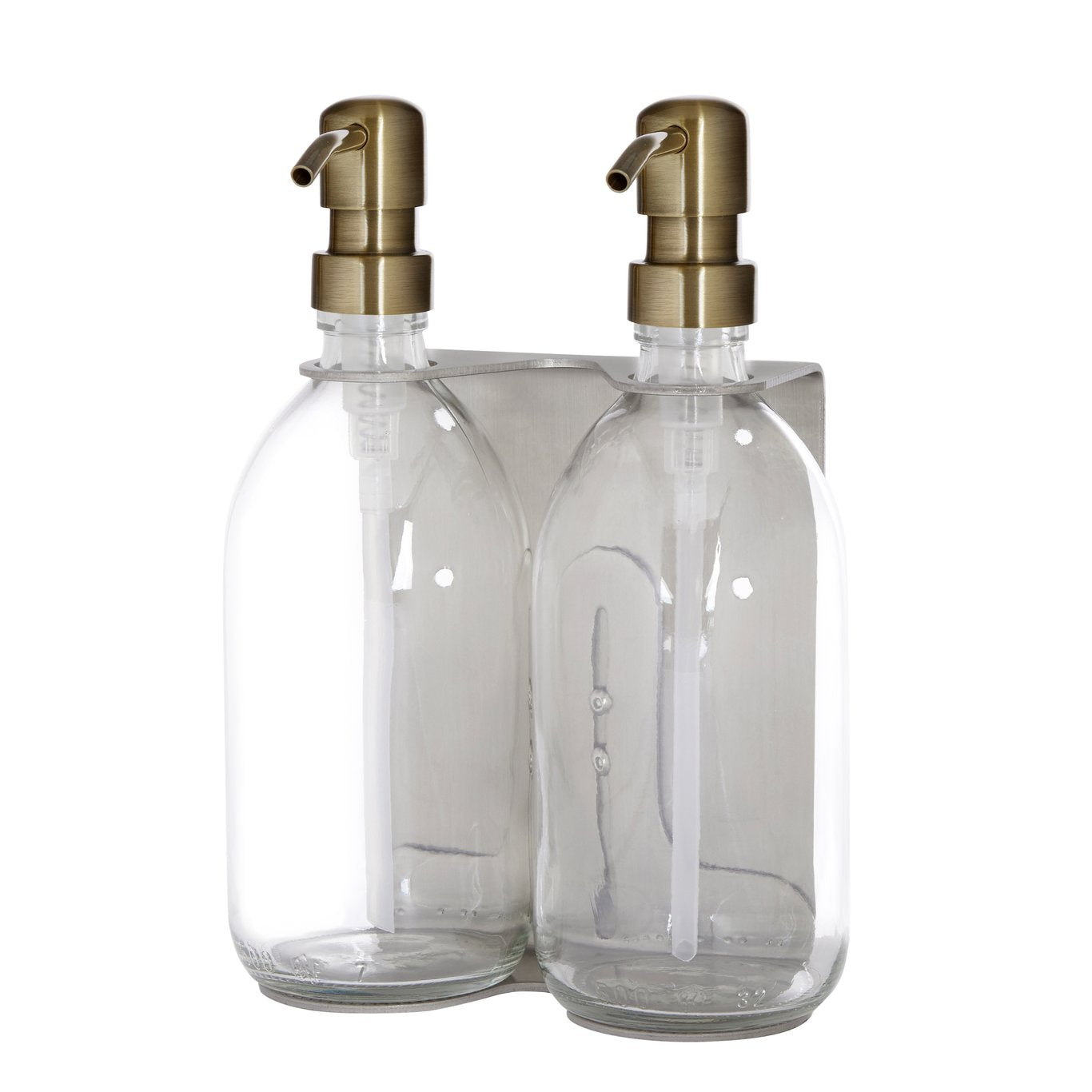 Distributeur de savon mural Kuishi en nickel (double, bouteilles en verre ambré)