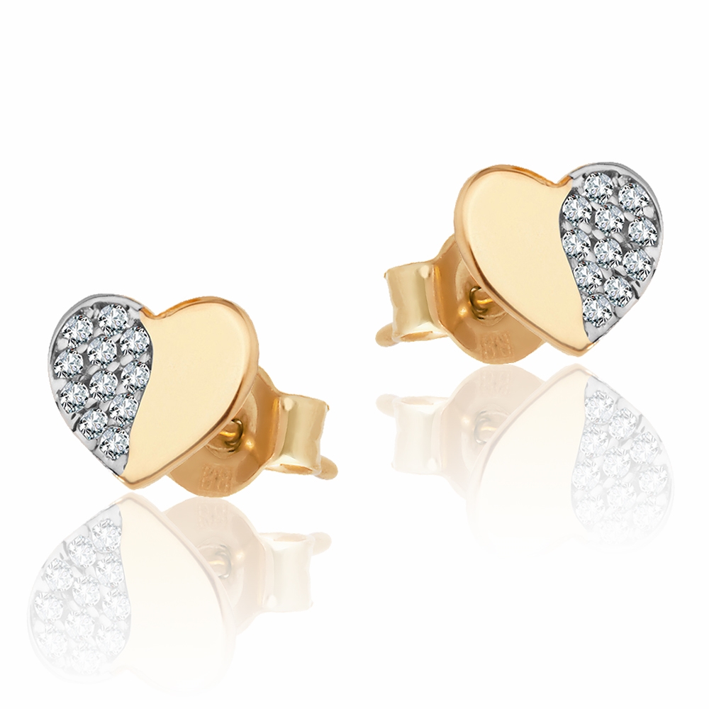 Aretes de oro de 8 quilates en forma de corazón con cristales para ella