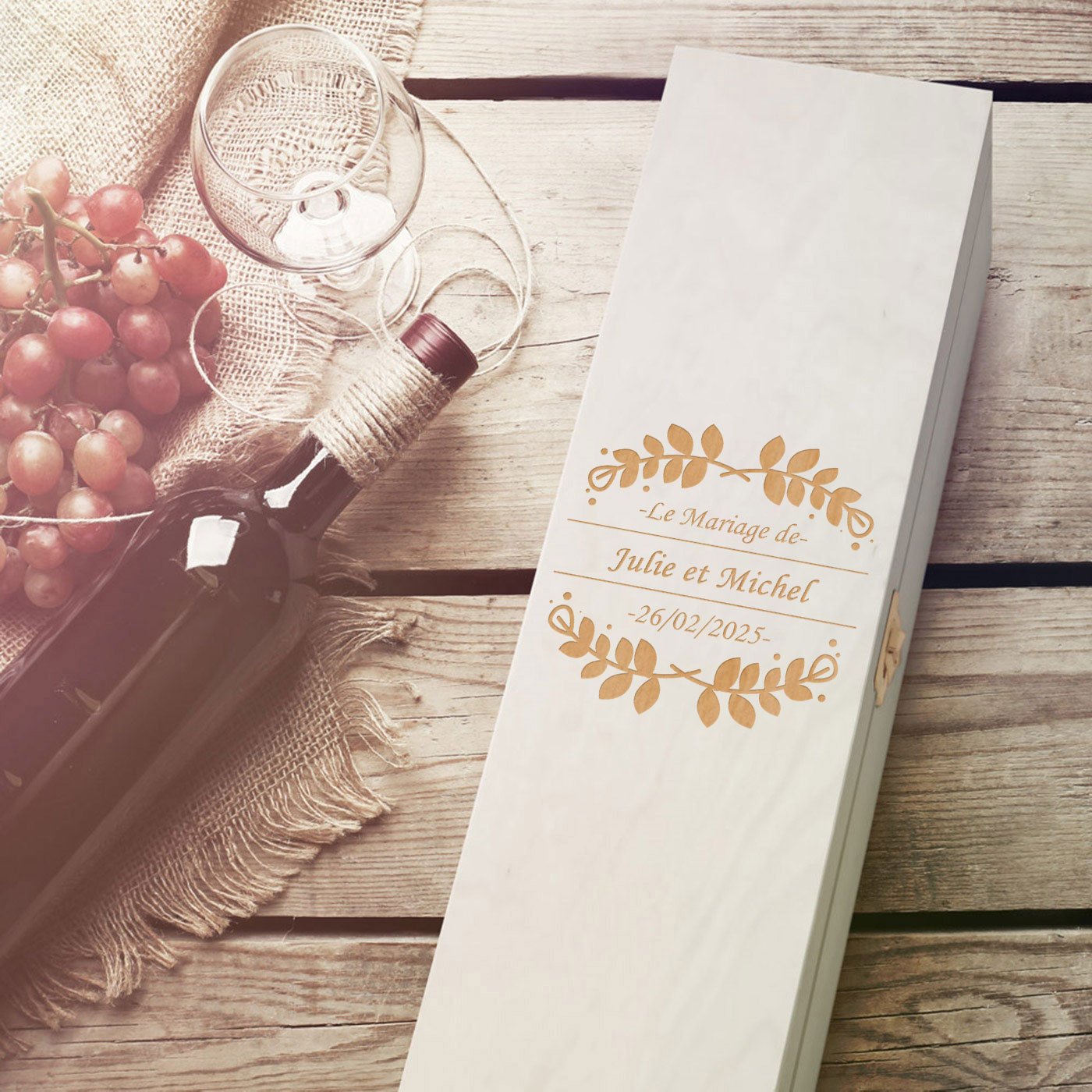 Murrano Custom Engraved Wood Wine Box for Bride and Groom