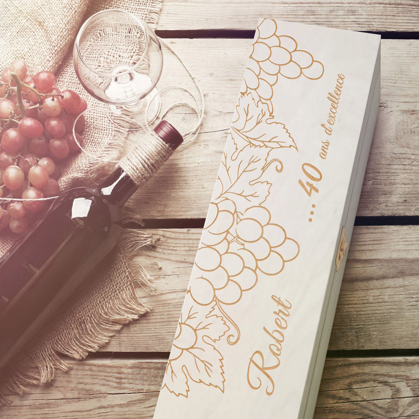 Murrano Wood Wine Box with Engraving for 1 Bottle - For Him, 40th Birthday